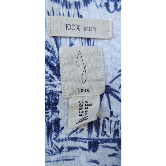 J Joie 100% Linen Short Sleeves Boxy Tropical Hawaiian Shirt Blue White Size M - Picture 2 of 8